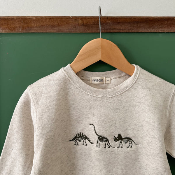 “Dino Trio” Olive Embroidered Fleece Crewneck