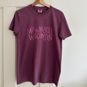 “Milwaukee Wisconsin” Handwritten Screen Printed Tee - Berry