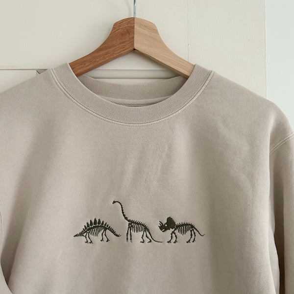 “Dino Trio” Adult Embroidered Crew - Cream