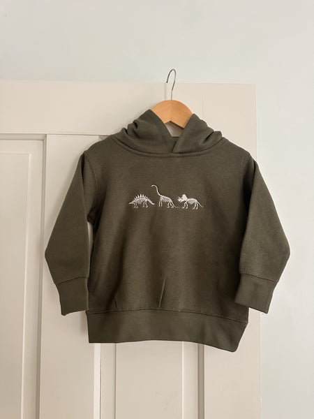 “Dino Trio” Embroidered Fleece Hoodie | Olive