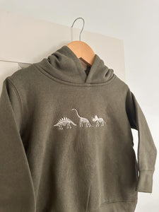 “Dino Trio” Embroidered Fleece Hoodie | Olive