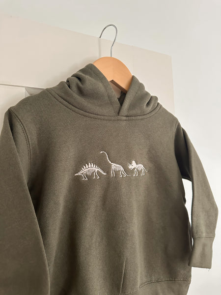 “Dino Trio” Embroidered Fleece Hoodie | Olive
