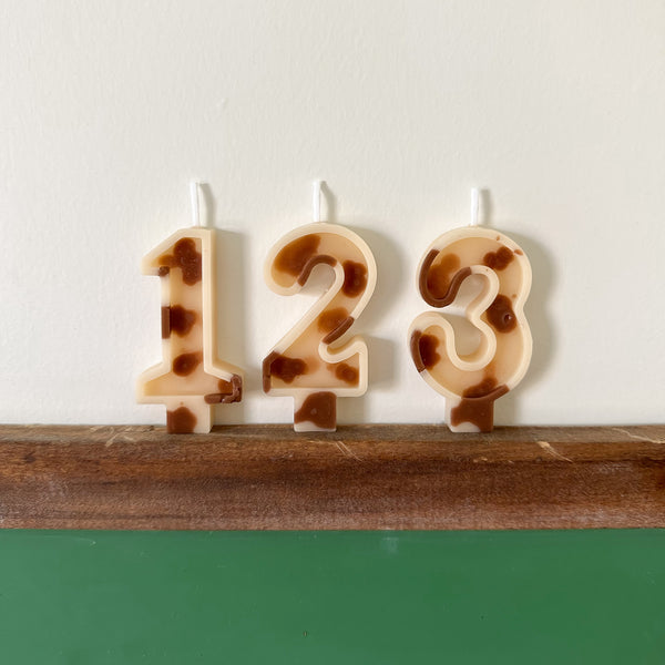 Number Birthday Candles - Tan & White Cow Print