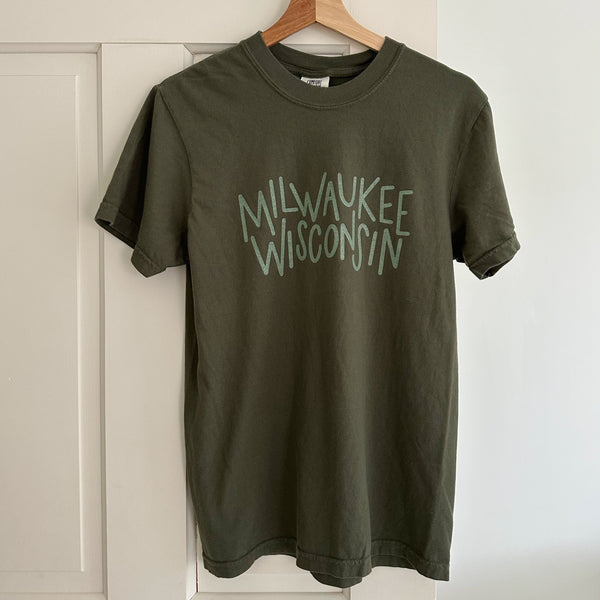 “Milwaukee Wisconsin” Handwritten Screen Printed Tee - Moss