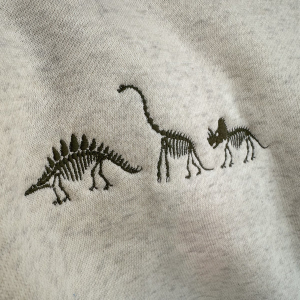 “Dino Trio” Olive Embroidered Fleece Crewneck