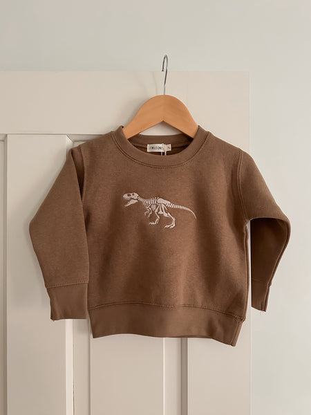 “T-Rex” Embroidered Fleece Crewneck - Brown